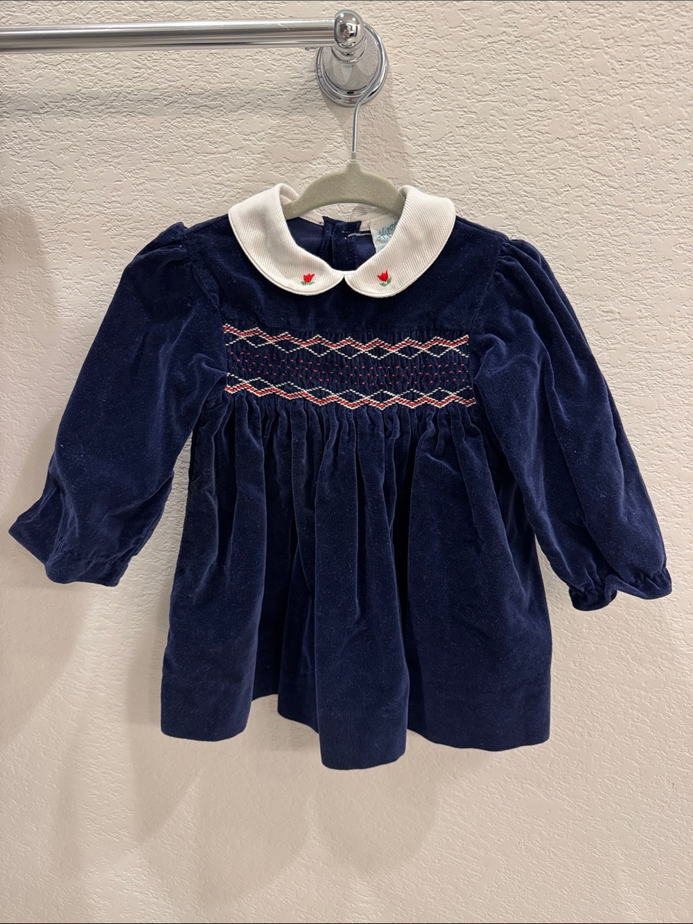 Vintage Alison Scott Girls 24M Navy Velvet Smocked Dress with Peter Pan Collar
